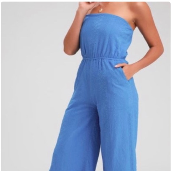 Lulus Strapless Sunlight Special Blue Embroidered Strapless Jumpsuit - Size S - Picture 1 of 4